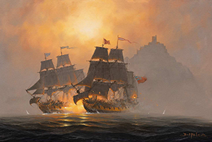 Privateer In Mounts Bay.  A painting by Donald MacLeod