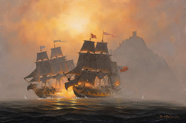 Privateer In Mounts Bay.  A painting by St Ives Artist Donald MacLeod Maritime Art