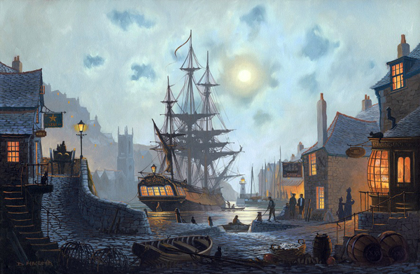 Moonlight Wharf.  A painting by St Ives Artist Donald MacLeod Maritime Art