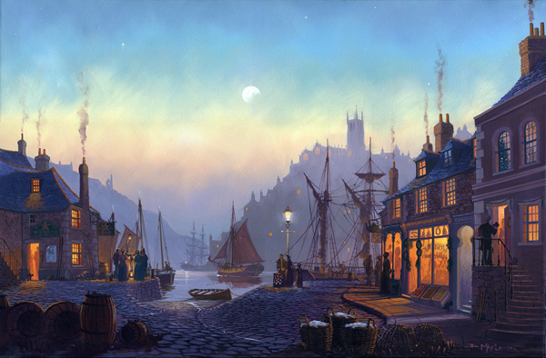 Winter Moonlight  A painting by St Ives Artist Donald MacLeod Maritime Art